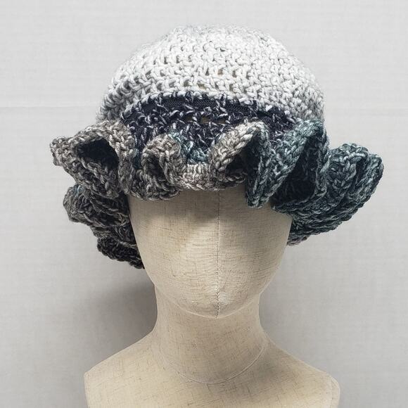 Crochet Ruffle Hat Gray Handmade Flower Bucket Slouchy Beanie Floppy Boho Casual